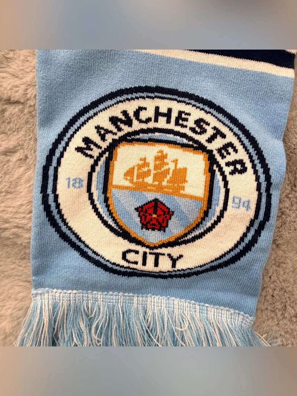 Official Manchester City FC Bar Scarf Sky Blue White Fringed Soccer Football